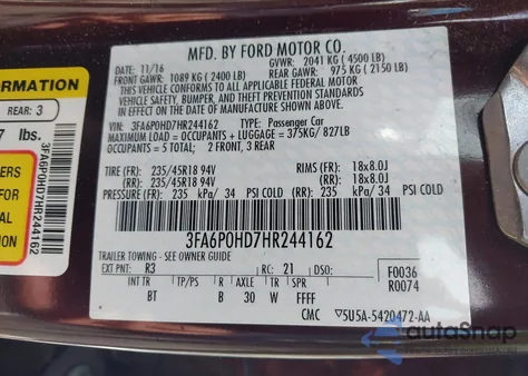 2017 Ford Fusion Se из США, поврежденный, VIN 3FA6P0HD7HR244162